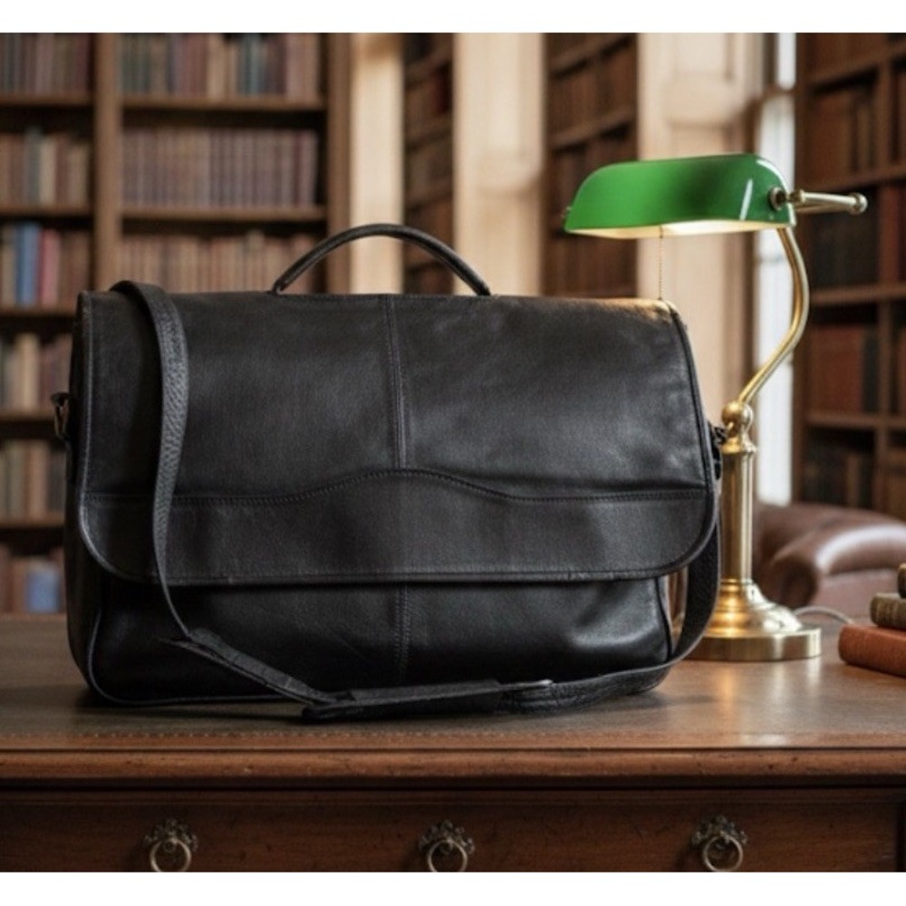 Vintage Adventure Bound Wilson Black Leather Briefcase Laptop Messenger Bag